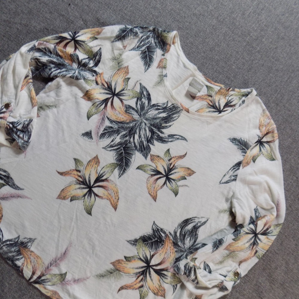 Chico's Slub Knit Top Women 2 L White Floral Good 3/4 Button Tab Sleeve